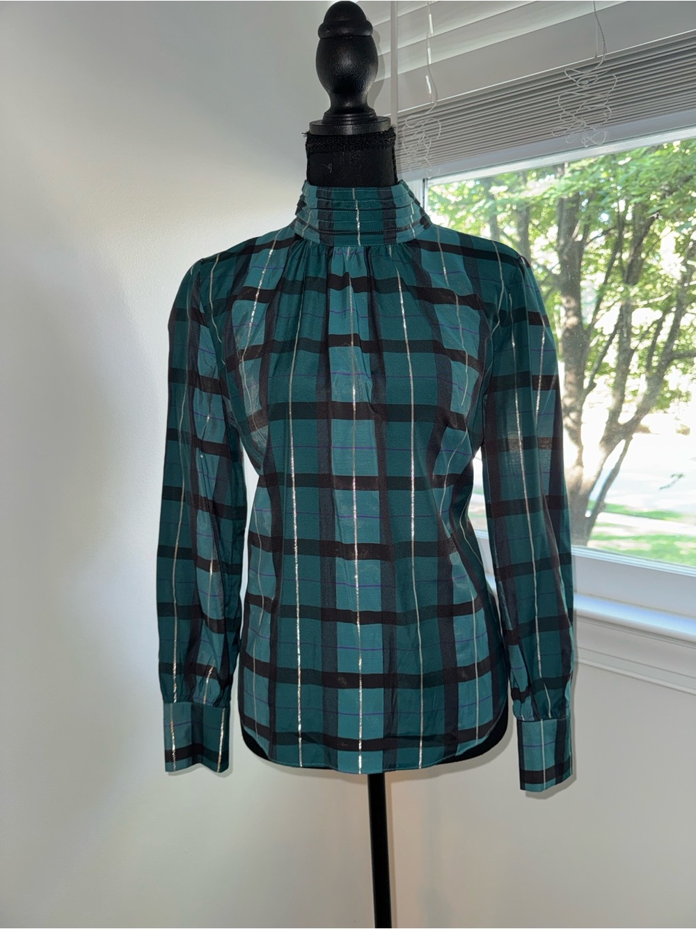 Ann Taylor Factory Teal and Black Plaid High-Neck Blouse with Metallic Thread